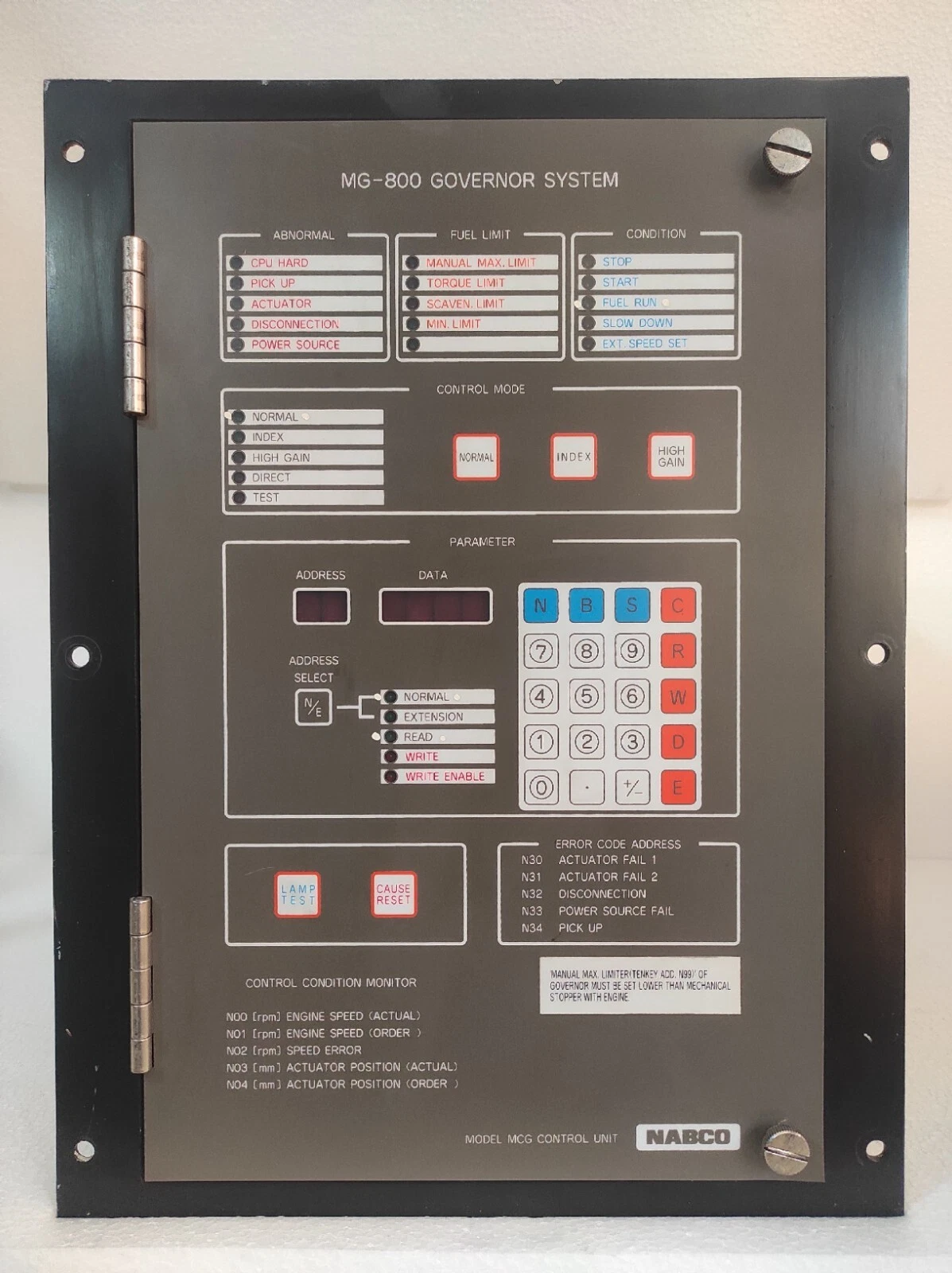 Nabco mg-800 / MG-800 Main Engine Governor System Panel